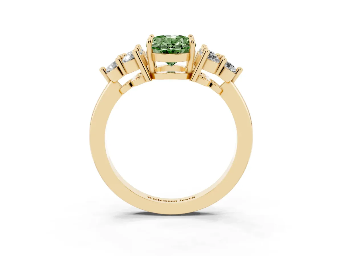 Fancy Green Oval Cut Brilliant Diamond Cluster Accent Solitaire Ring with Prong Setting Yellow gold