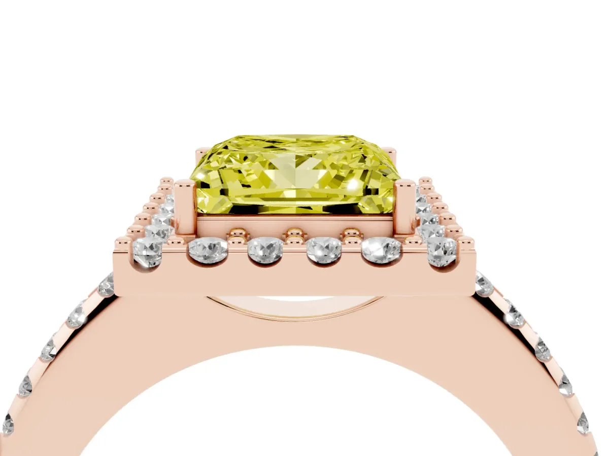 Fancy Yellow Princess Cut Diamond Pavé Halo Ring with Four-Prong Setting Rose gold
