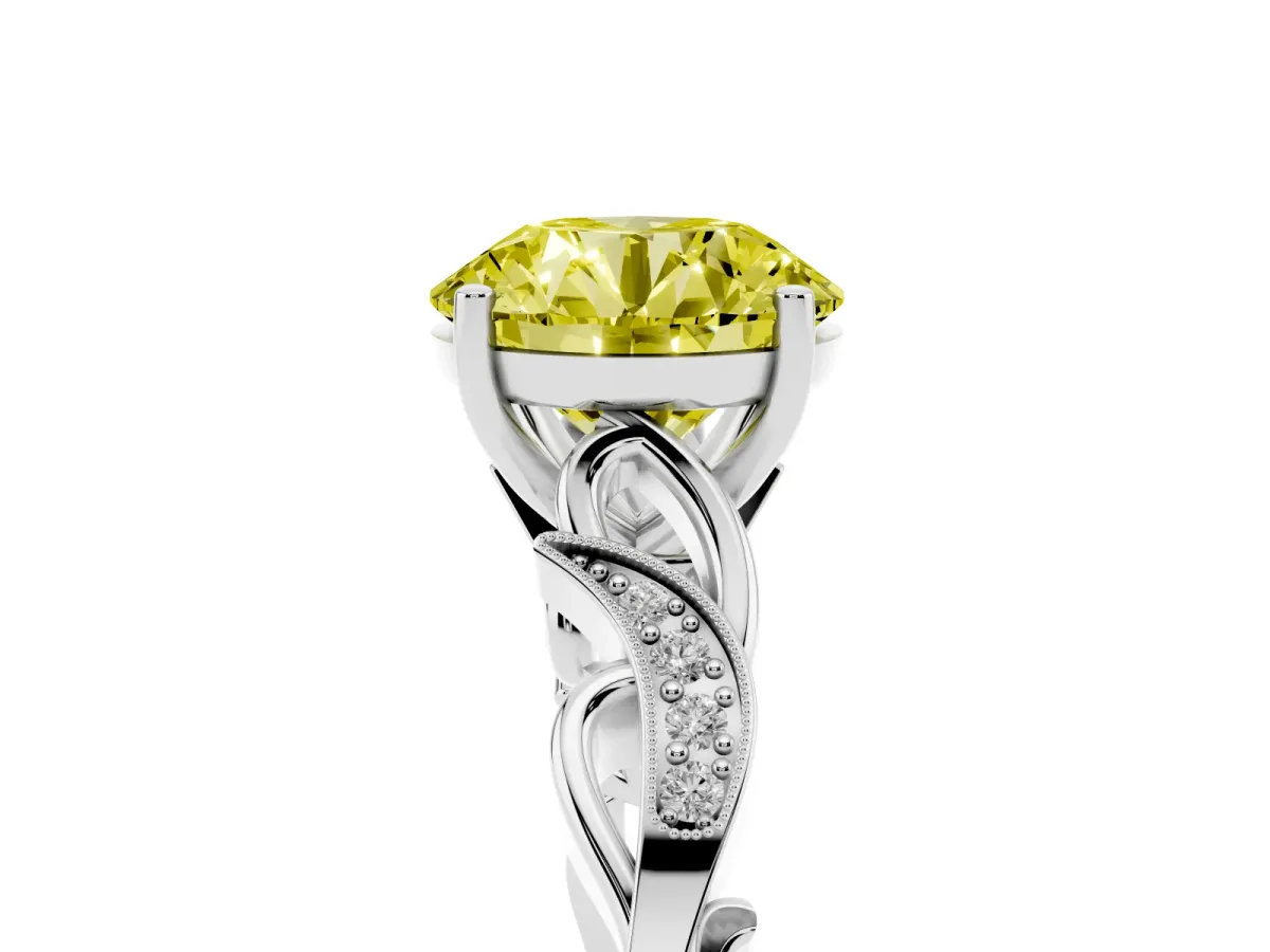 Fancy Yellow Round Cut Solitaire Vine Band with Milgrain Prong Setting Silver