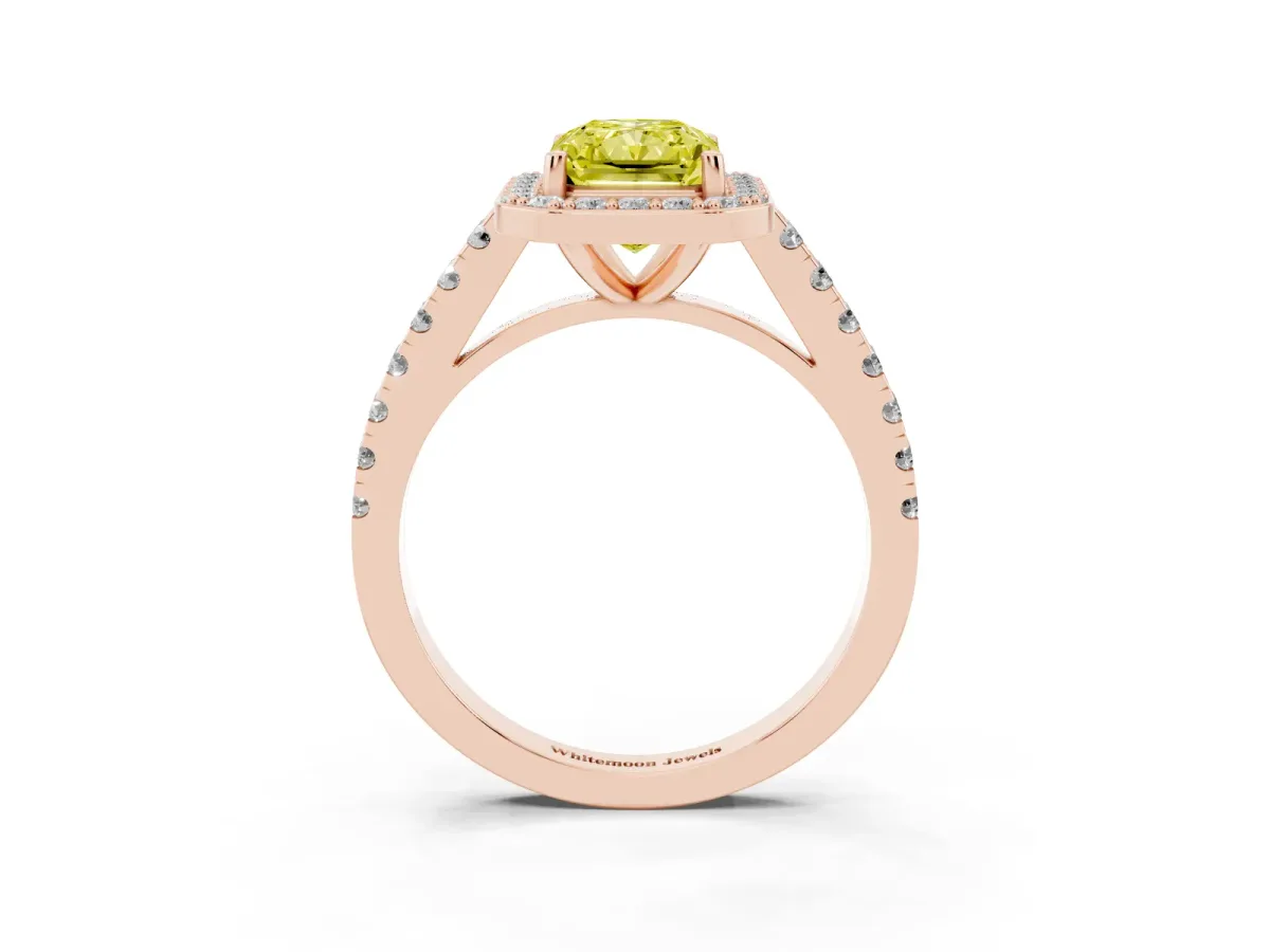 Fancy Yellow Radiant Cut Diamond Halo Ring with Round Pavé Split Shank and Prong Setting Rose gold