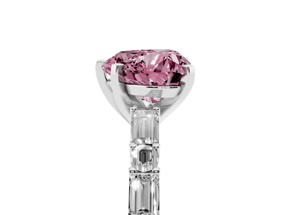 Fancy Pink Heart Cut Diamond Solitaire with Side Baguettes and Channel Set Band Platinum