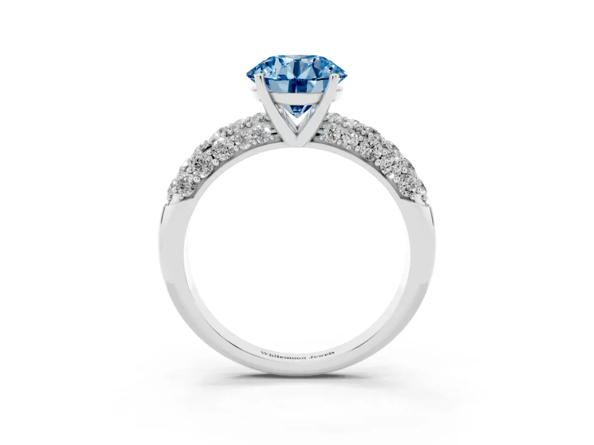 Fancy Blue Round Cut Diamond Pavé Band Solitaire Ring with Four-Prong Setting White gold