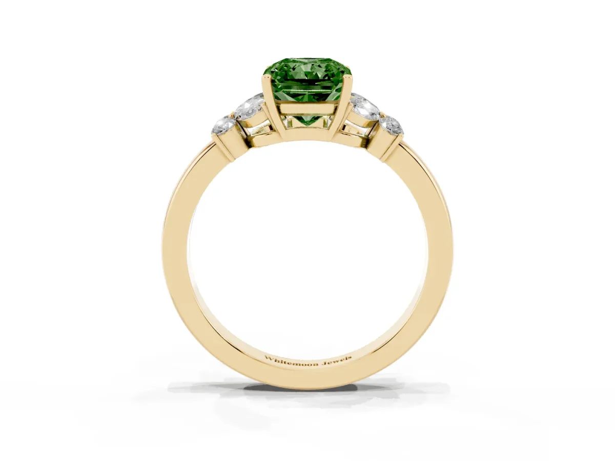 Fancy Green Radiant Cut Cut Solitaire Floral Diamond Ring with Four-Prong Setting Yellow gold