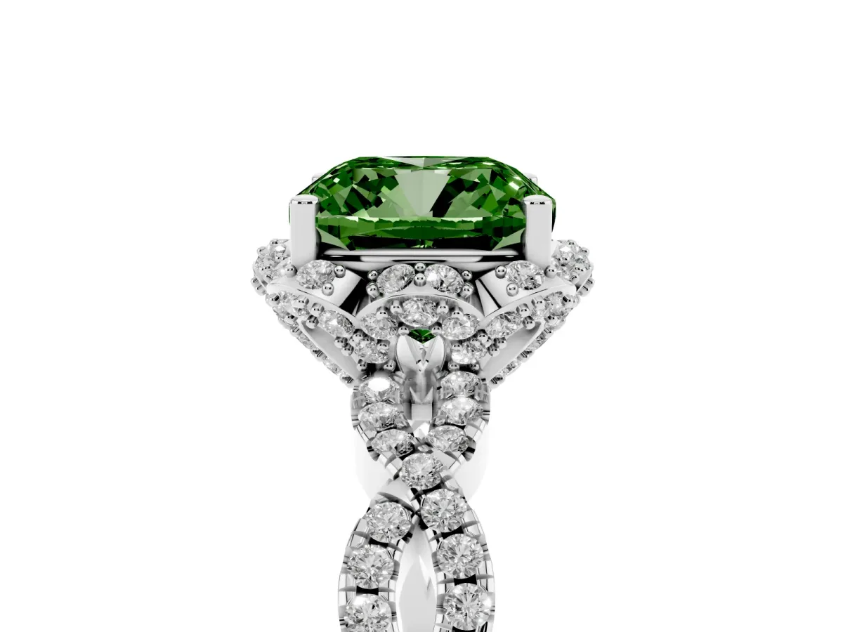 Fancy Green Cushion Cut Halo Twist Band Solitaire Ring with Six-Prong Setting Silver