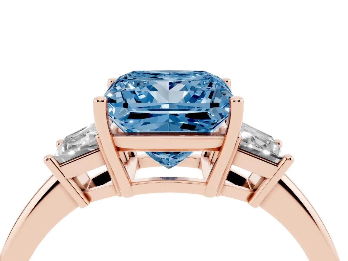 Fancy Blue Princess Cut Diamond Three-Stone Ring with Trapezoid Side Stones and Prong Setting Rose gold