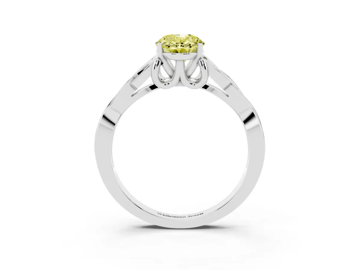 Fancy Yellow Oval Cut Diamond Solitaire Engagement Ring with Celtic Knot Band and Four-Prong Setting White gold