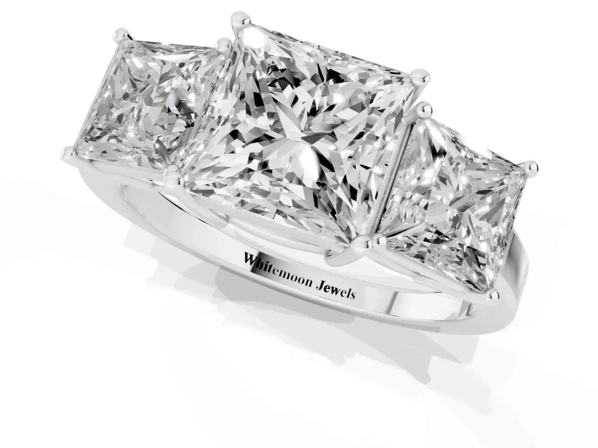 Three-Stone Princess Cut Cut Diamond Engagement Ring with Flat Band and Four-Prong Setting Silver
