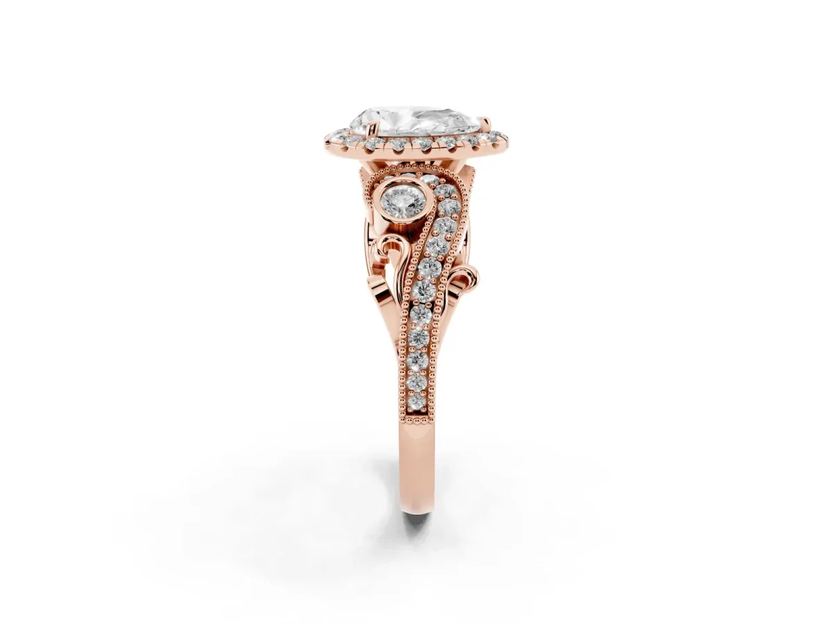 Pear Cut Halo Diamond Ring with Milgrain and Bezel Accents on a Split Shank Band Rose gold
