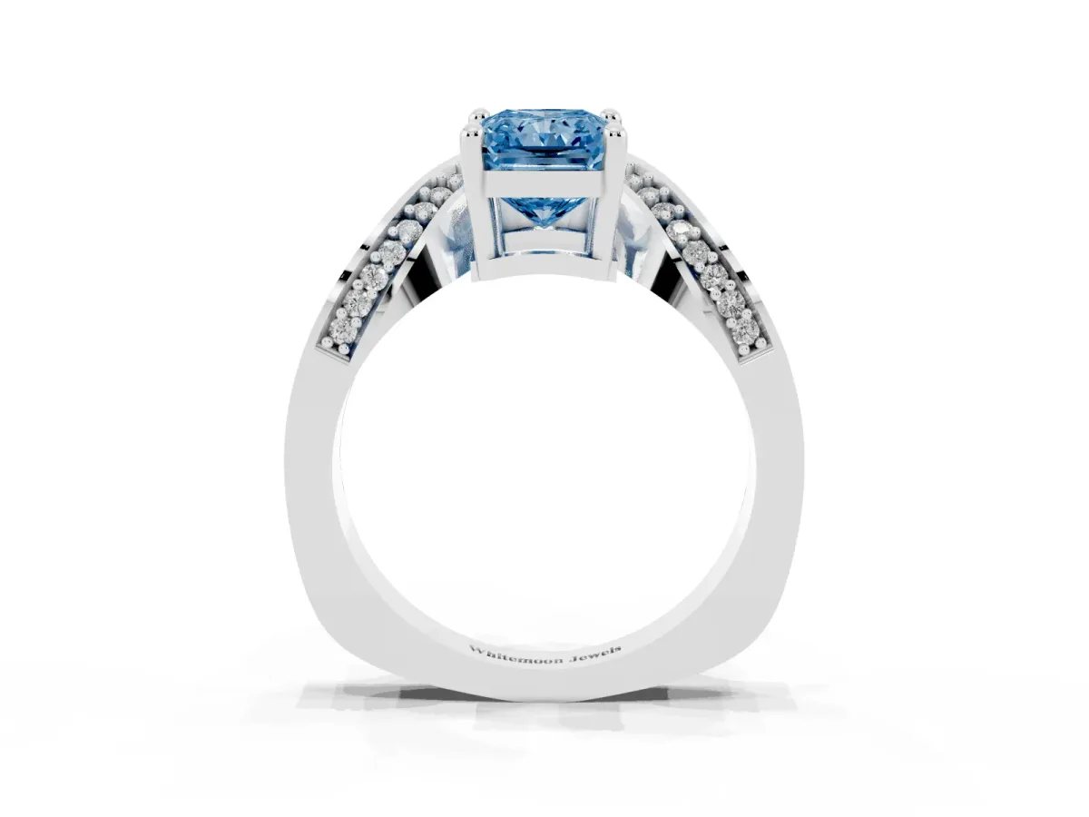 Fancy Blue Radiant Cut Solitaire Diamond Engagement Ring with Pave Band and Four-Prong Setting Platinum