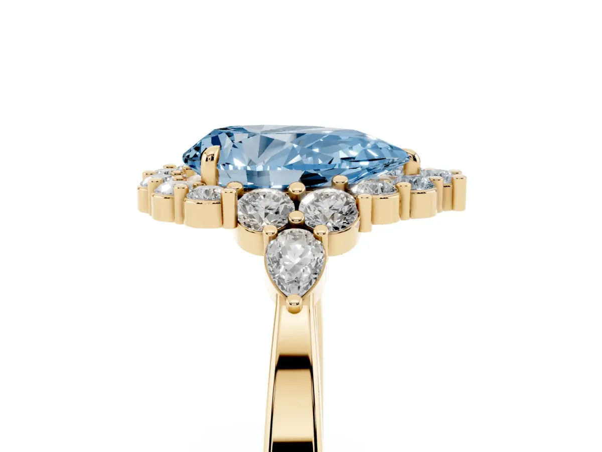 Fancy Blue Pear Cut Diamond Halo Ring with Pear Side Stones and Prong Setting Yellow gold
