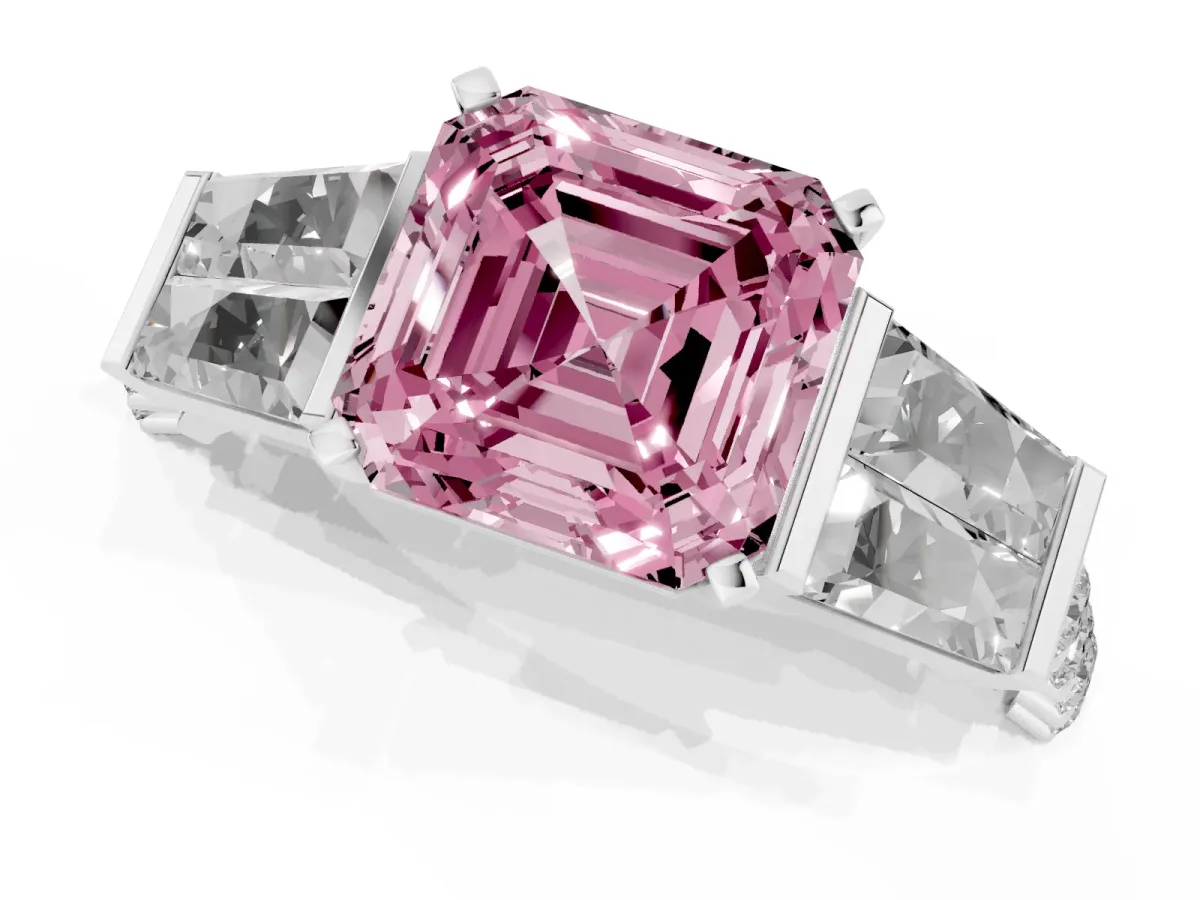 Fancy Pink Asscher Cut Diamond Engagement Ring with Baguette Side Stones and Channel Set Band White gold
