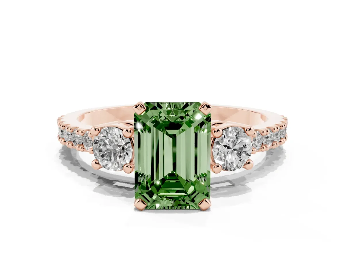 Fancy Green Emerald Cut Three-Stone Diamond Pavé Band with Prong Setting Rose gold