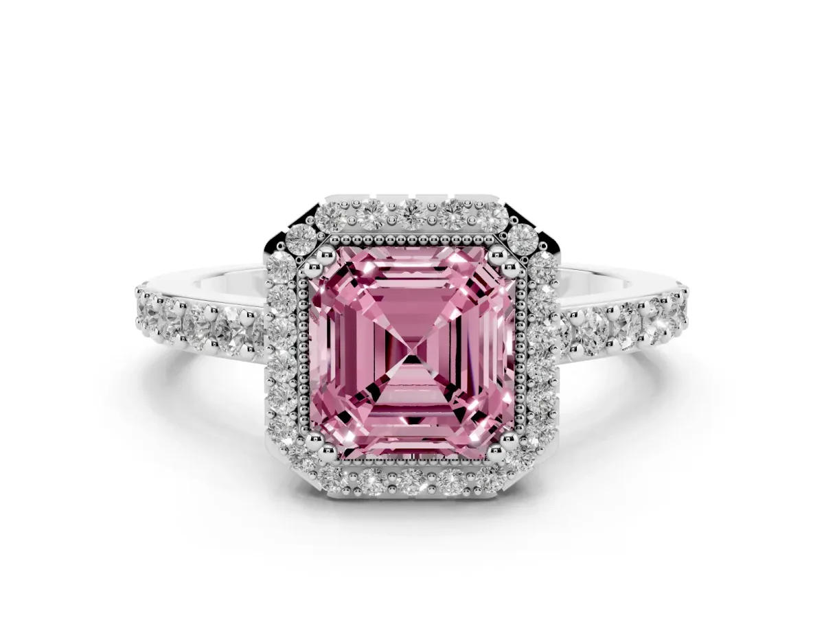 Fancy Pink Asscher Cut Cut Diamond Halo Engagement Ring with Milgrain Detail and Pavé Band Silver