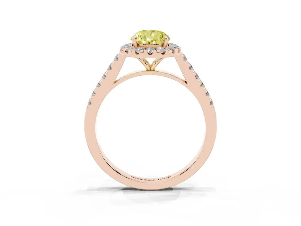 Fancy Yellow Pear Cut Halo Pave Diamond Engagement Ring with Four-Prong Setting Rose gold