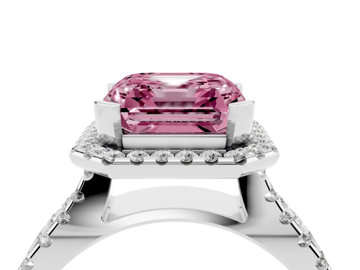 Fancy Pink Asscher Cut Diamond Halo Ring with Split Shank Pavé Band and Prong Setting Silver