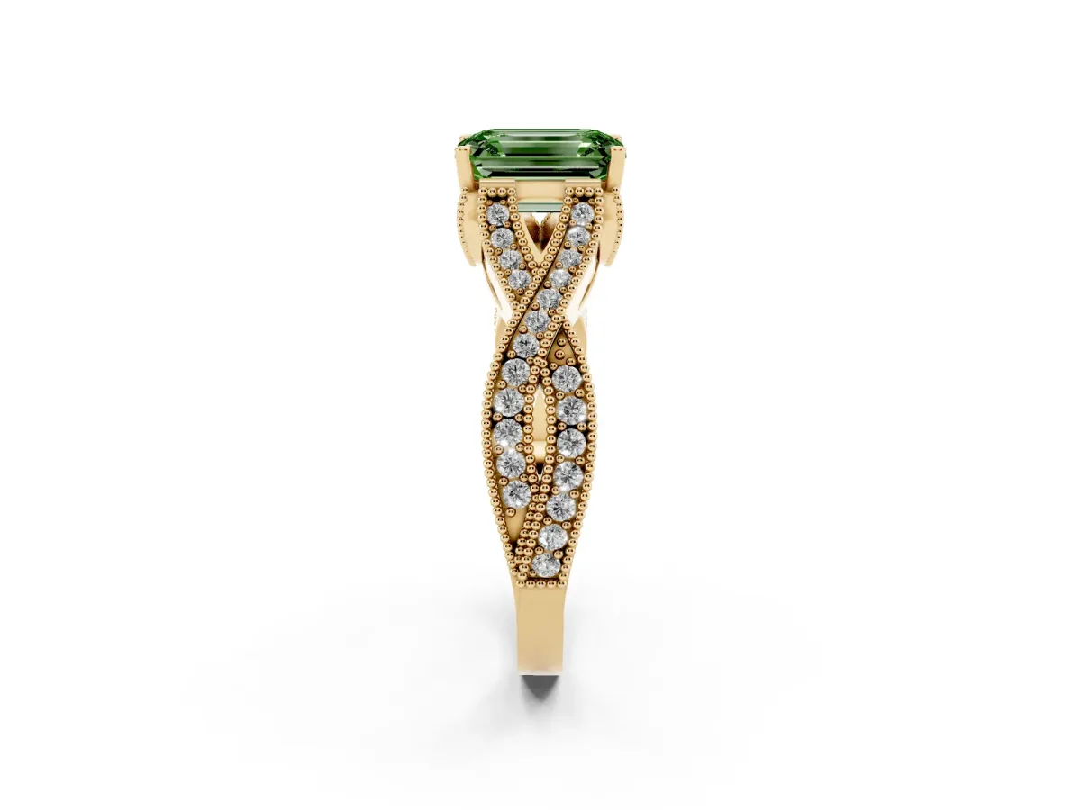 Fancy Green Emerald Cut Cut Diamond Twisted Band with Milgrain Pave Setting and Four-Prong Setting Yellow gold