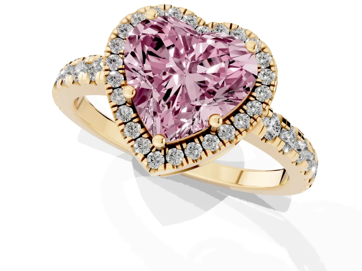 Fancy Pink Heart Cut Diamond Halo Ring with Pavé Band and Four-Prong Setting Yellow gold