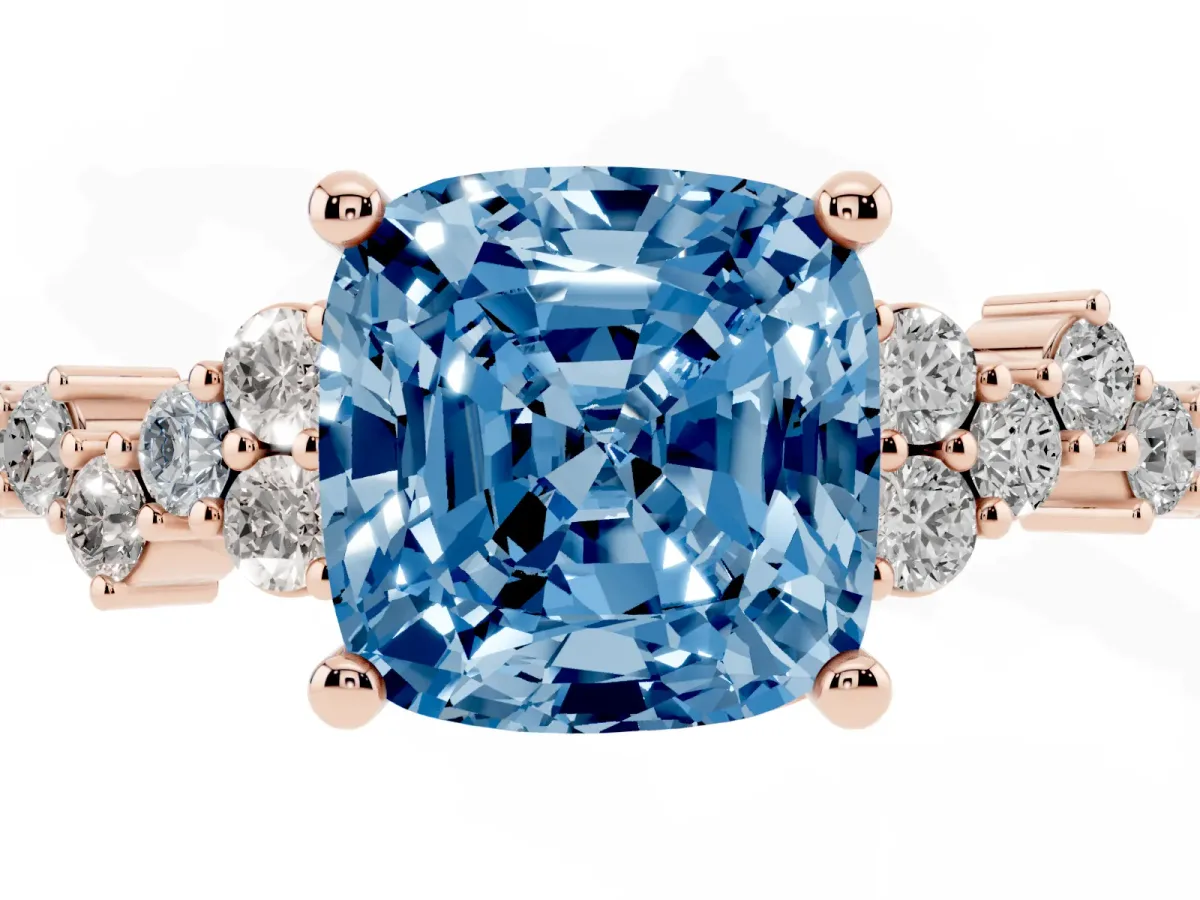 Fancy Blue Cushion Cut Diamond Scattered Round Accent Ring with Prong Setting Rose gold
