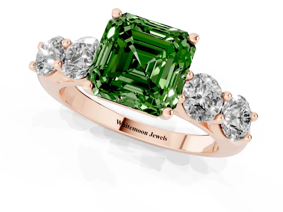 Fancy Green Asscher Cut Cut Five-Stone Prong Set Diamond Ring with Classic Band Rose gold
