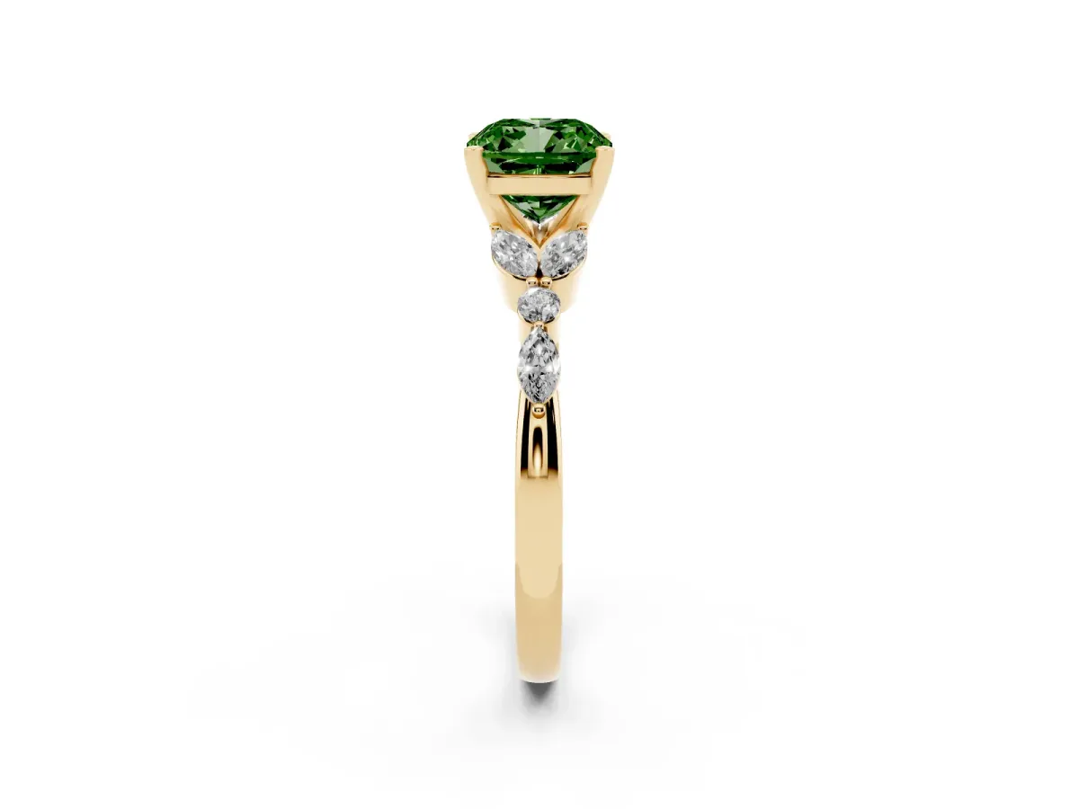 Fancy Green Cushion Cut Diamond Solitaire Ring with Side Stones and Four-Prong Setting Yellow gold