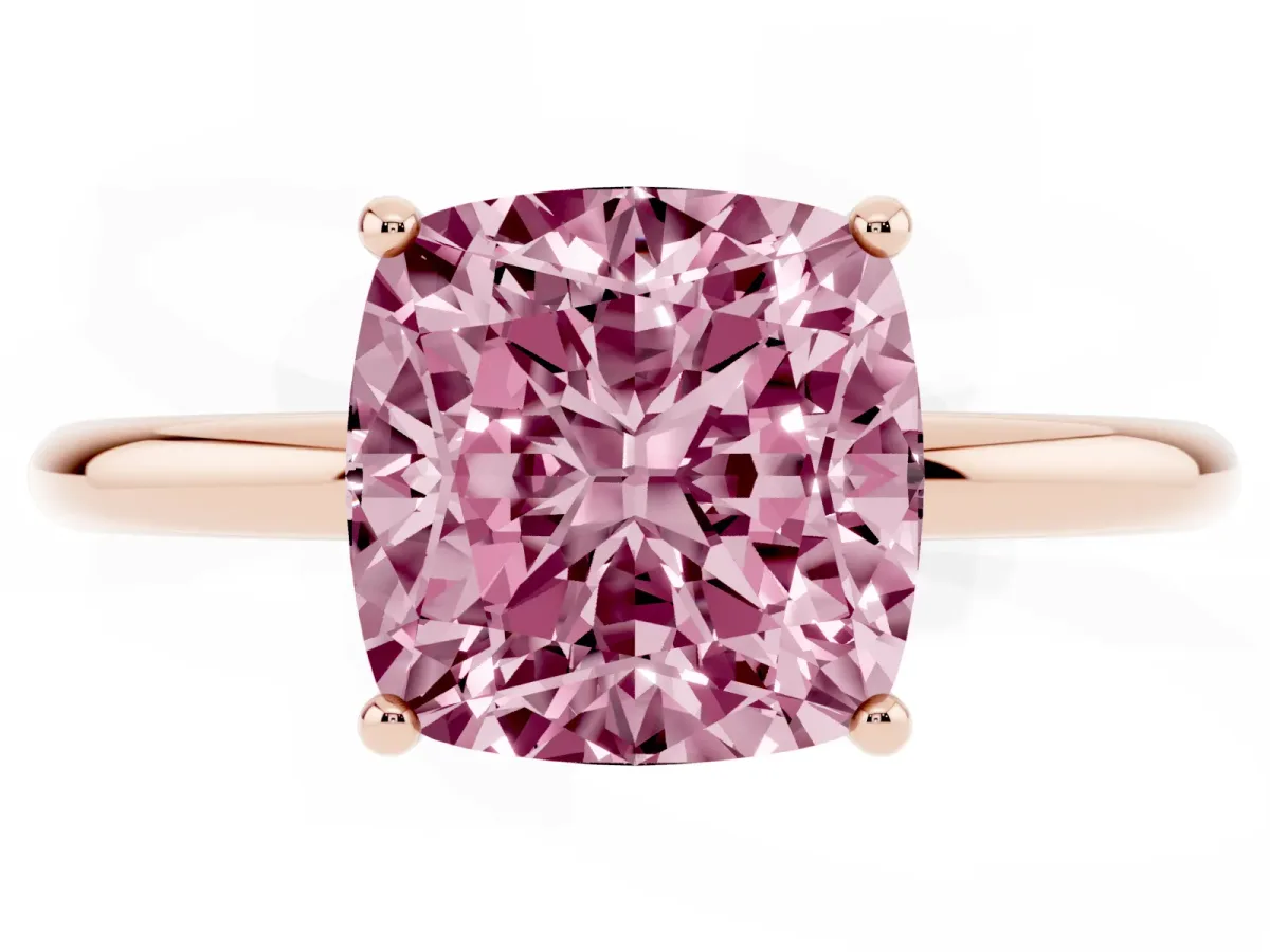 Fancy Pink Cushion Cut Solitaire Diamond Ring with a Classic Band and Four-Prong Setting Rose gold