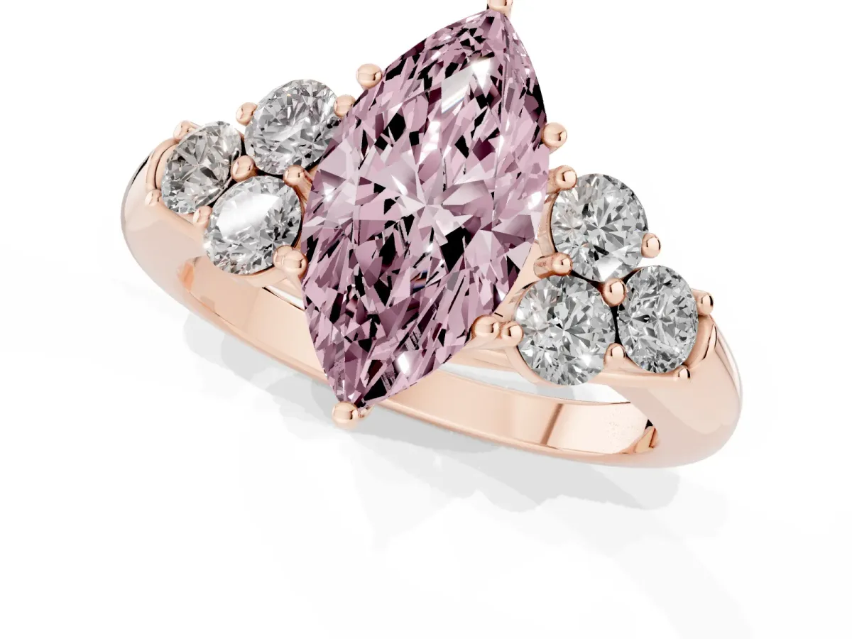 Fancy Pink Marquise Cut Cut Diamond Cluster Ring with Round Accent Stones and Prong Setting on a Classic Band Rose gold