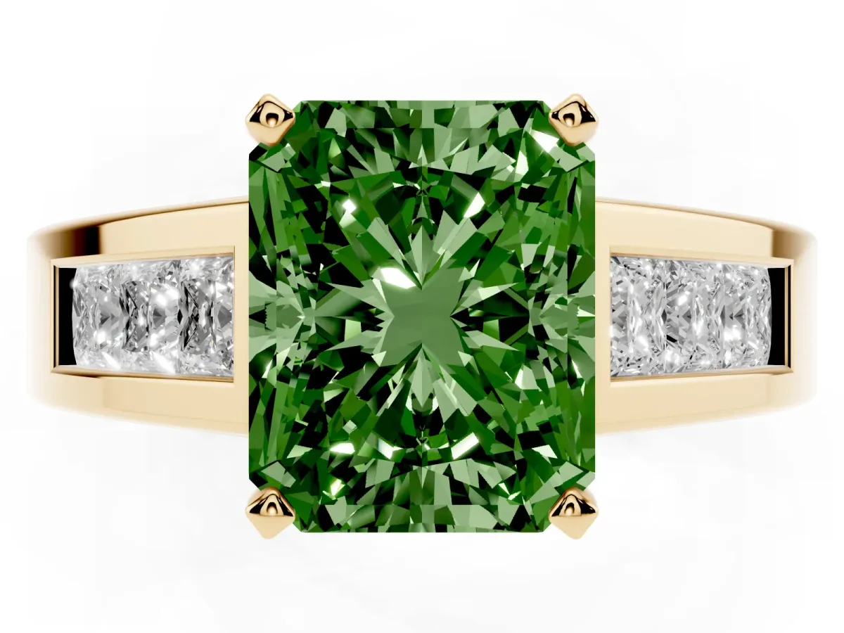 Fancy Green Radiant Cut Cut Channel Set Solitaire Ring with Four-Prong Setting Yellow gold
