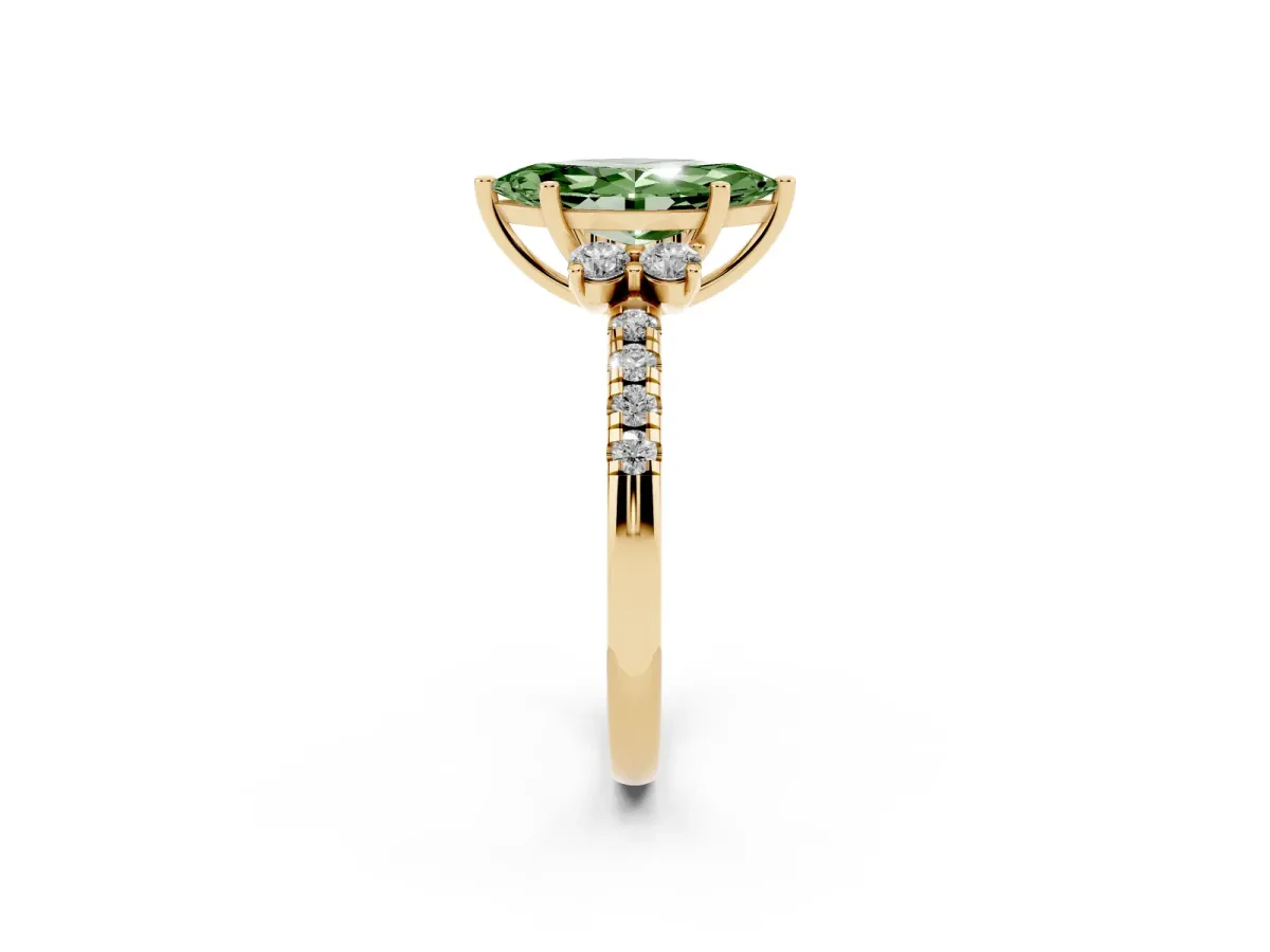 Fancy Green Marquise Cut Diamond Three-Stone Pave Band with Four-Prong Setting Yellow gold