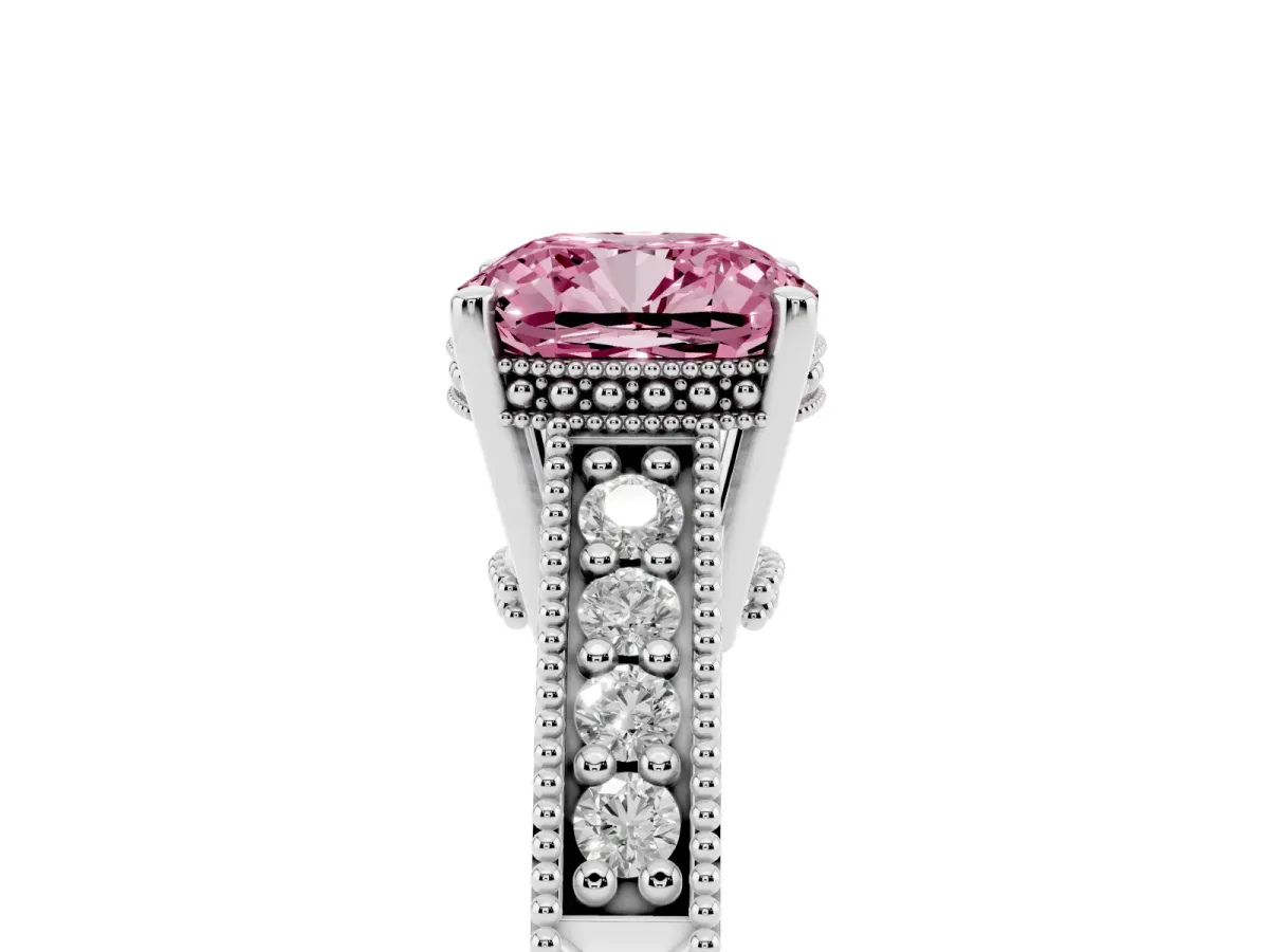 Fancy Pink Cushion Cut Solitaire Pavé Diamond Milgrain Engagement Ring with Four-Prong Setting Silver