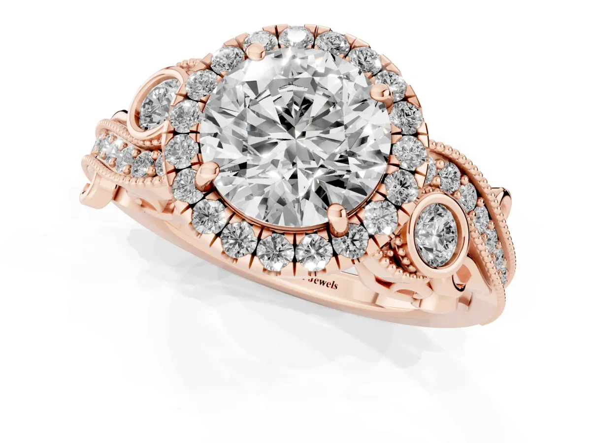 Round Cut Halo Diamond Ring with Milgrain and Bezel Accents on a Split Shank Band Rose gold