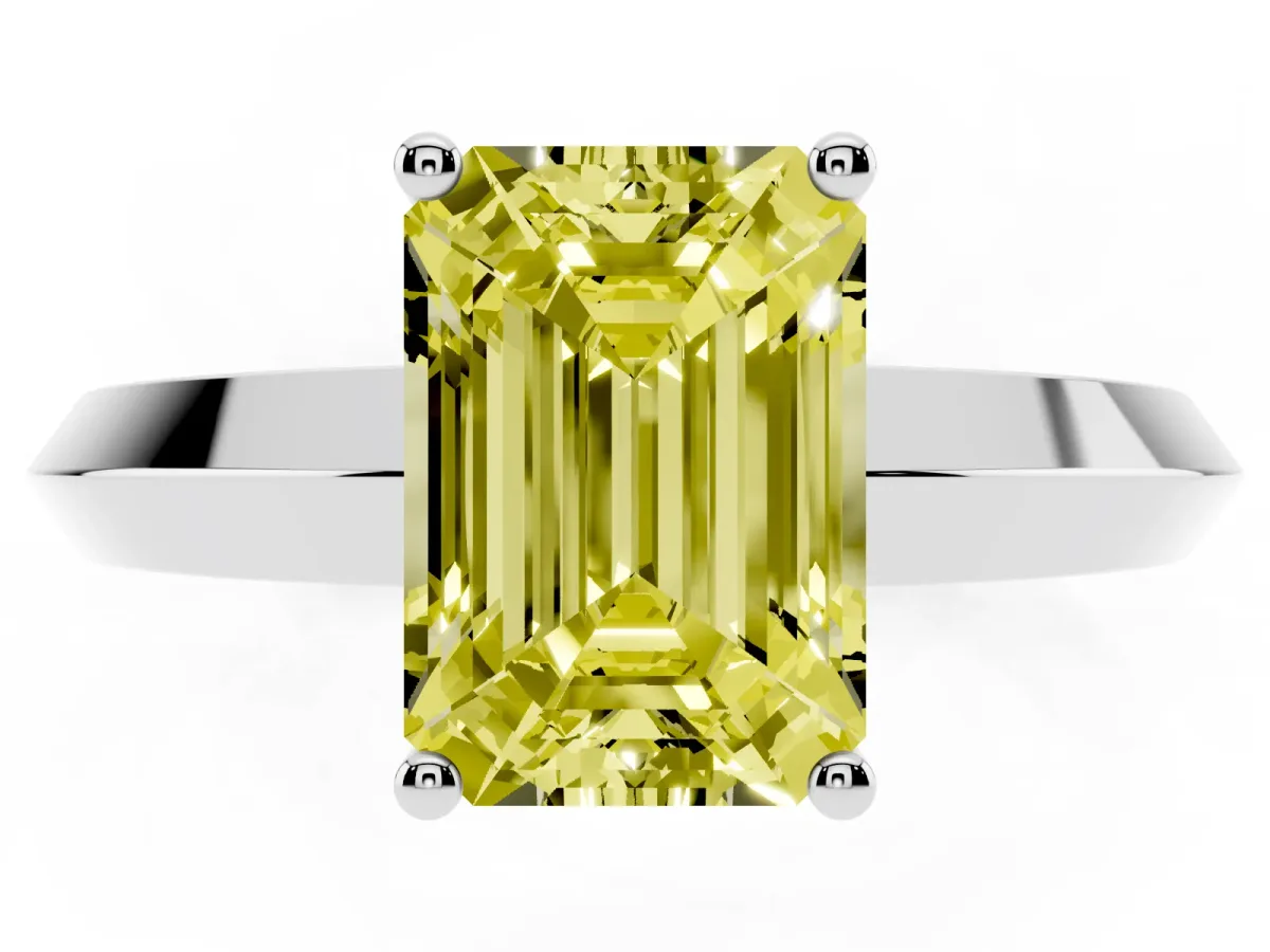 Fancy Yellow Emerald Cut Cut Solitaire Engagement Ring with Flat Band and Four-Prong Setting Silver