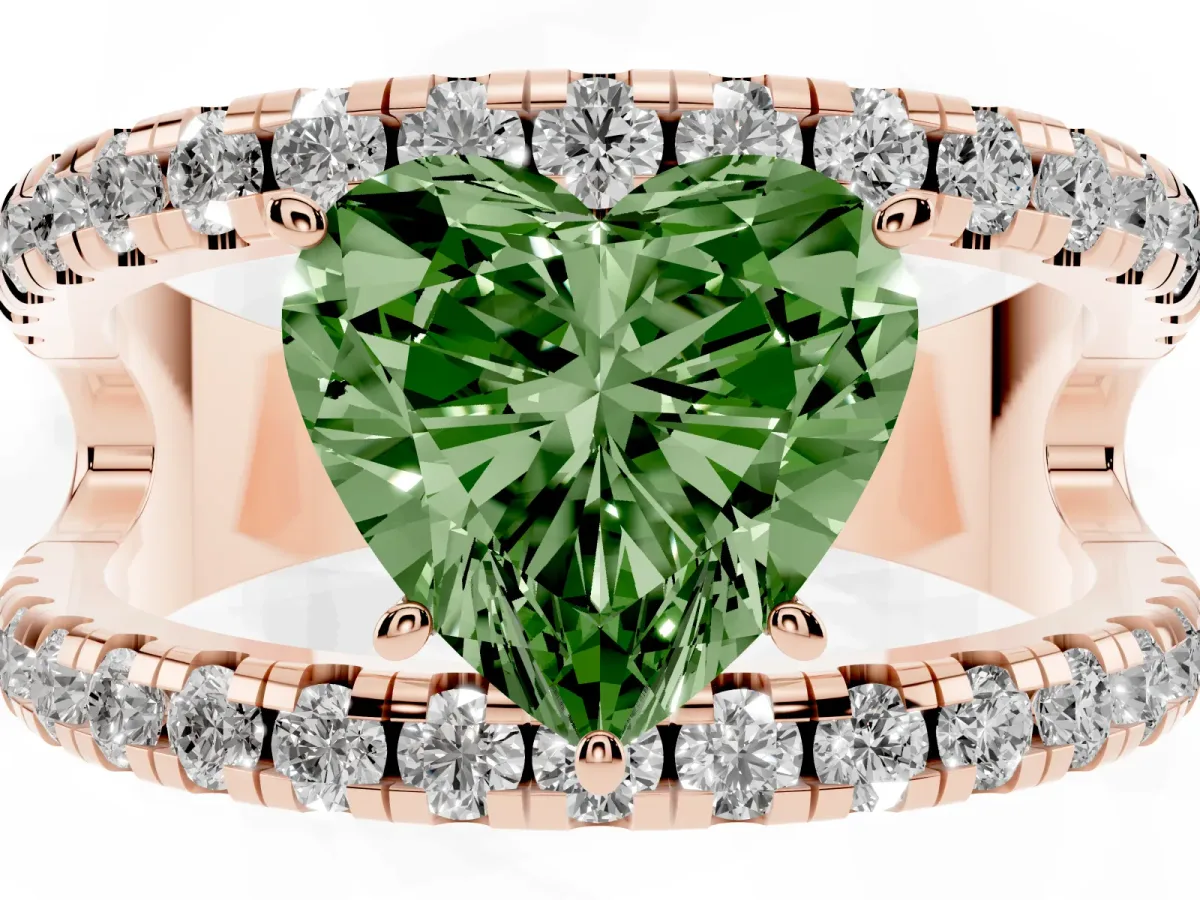 Fancy Green Heart Cut Solitaire Split Shank Pave Diamond Ring Rose gold