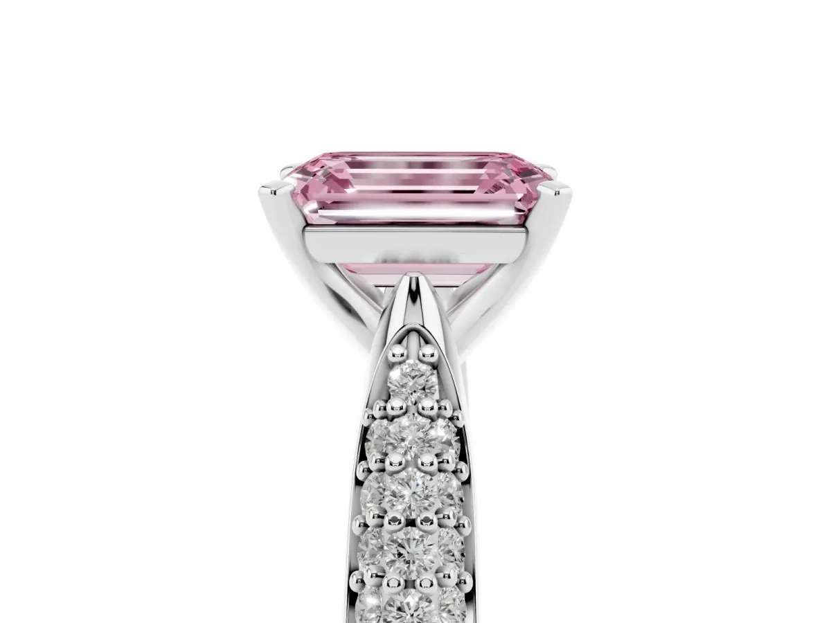 Fancy Pink Emerald Cut Diamond Solitaire Engagement Ring with Multi-Row Round Pavé Band and Prong Setting Silver