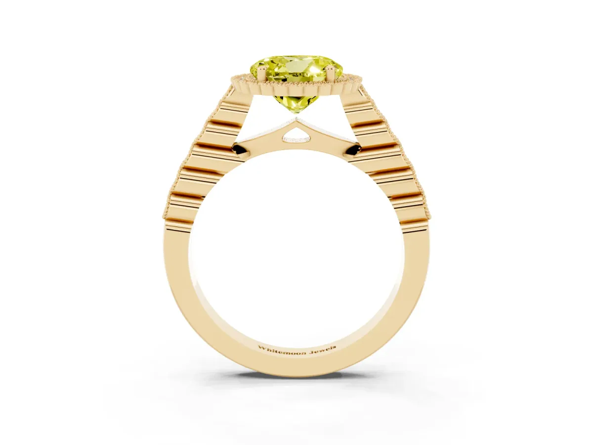 Fancy Yellow Round Cut Cut Halo Pavé Solitaire Ring with Milgrain Band Yellow gold