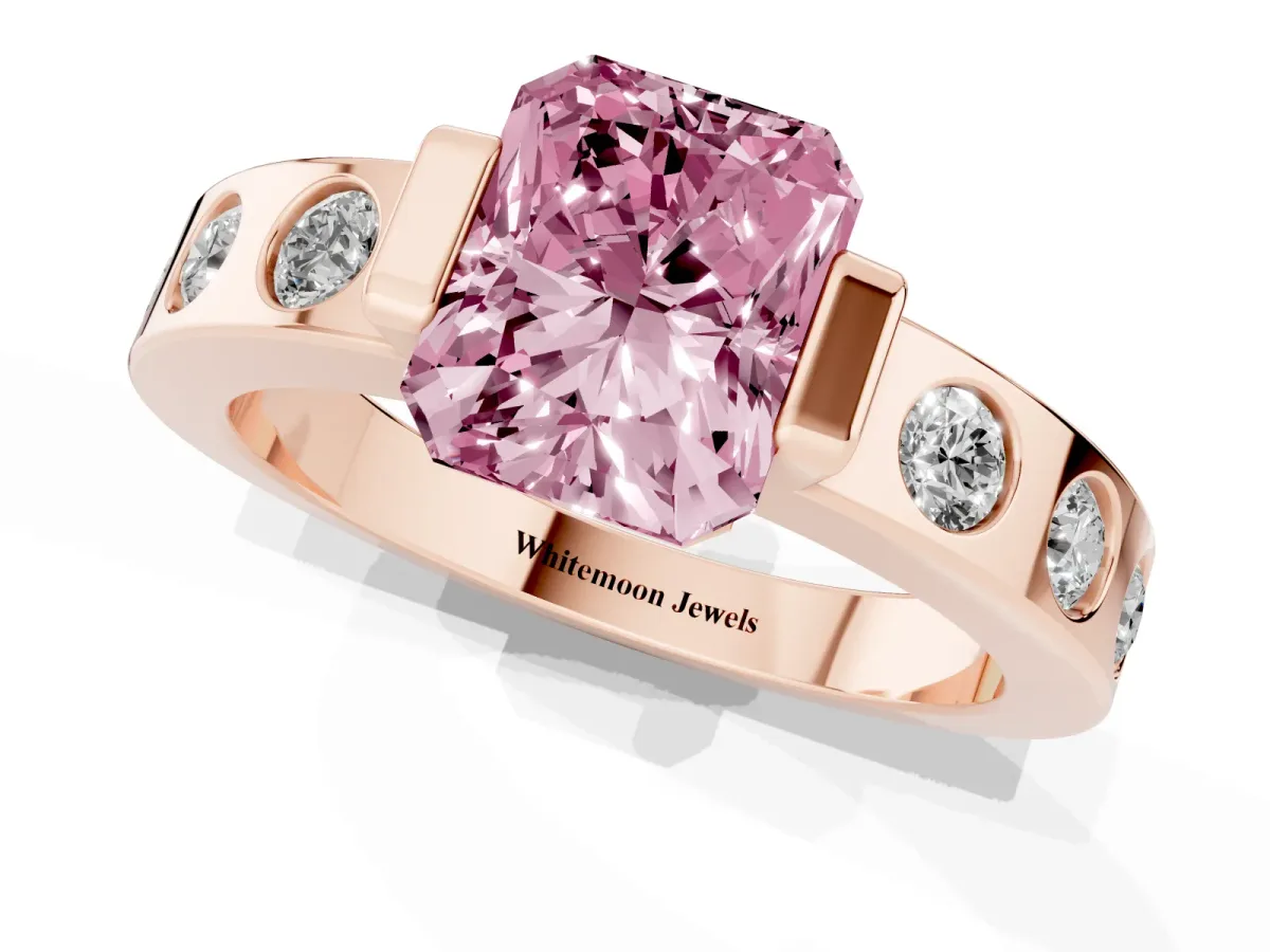 Fancy Pink Radiant Cut Brilliant Channel-Set Diamond Ring with Bezel Prong Setting Rose gold