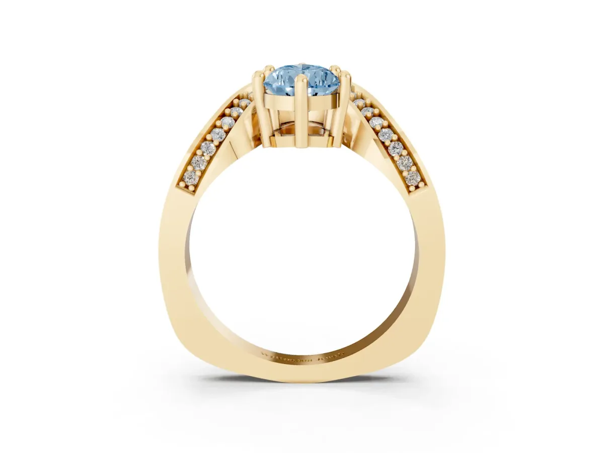 Fancy Blue Pear Cut Solitaire Diamond Engagement Ring with Pave Band and Four-Prong Setting Yellow gold