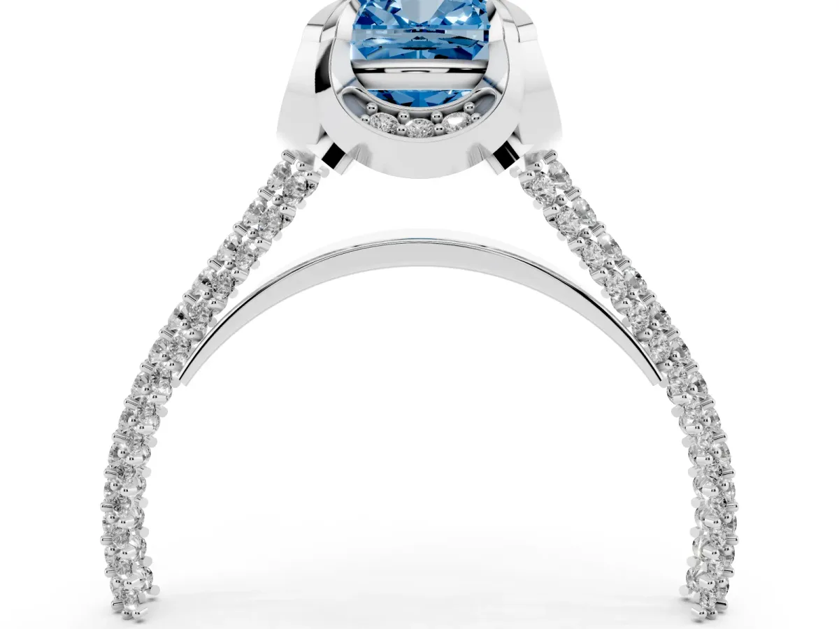 Fancy Blue Cushion Cut Solitaire Pave Split Shank Ring with Four-Prong Setting White gold