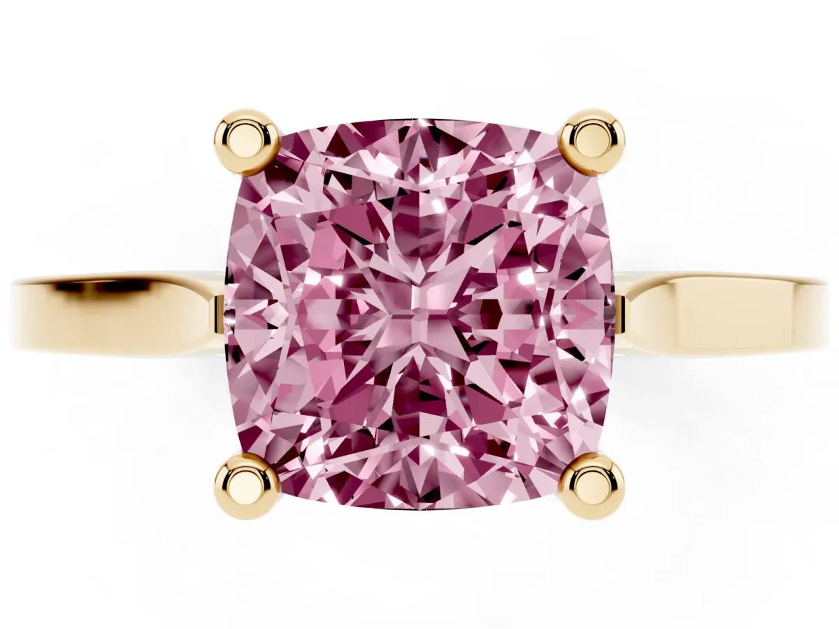 Fancy Pink Cushion Cut Solitaire Diamond Ring with Four-Prong Setting and Tapered Band Yellow gold