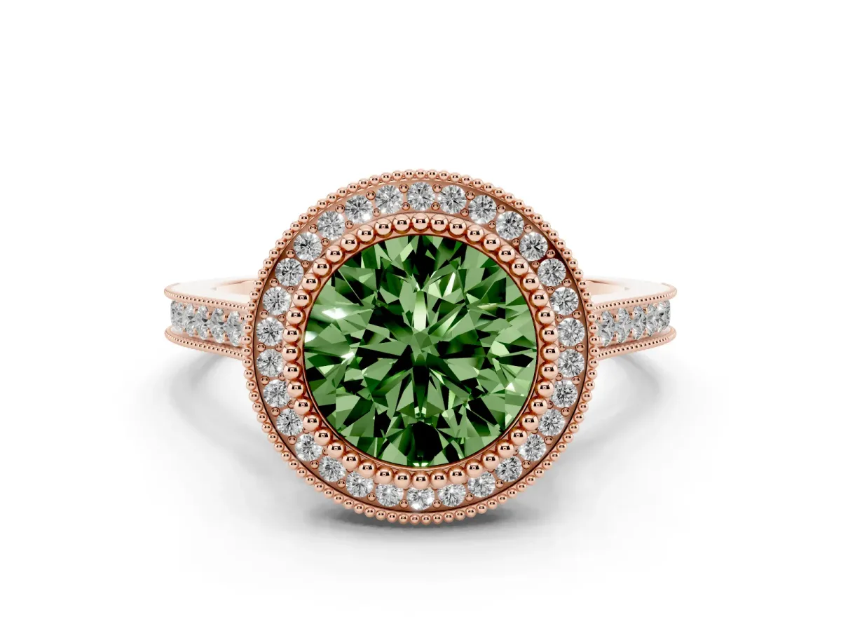 Fancy Green Round Cut Diamond Halo Ring with Milgrain Frame and Pavé Band Rose gold