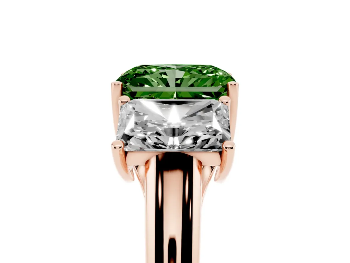 Fancy Green Three-Stone Radiant Cut Diamond Engagement Ring with Prong Setting Rose gold
