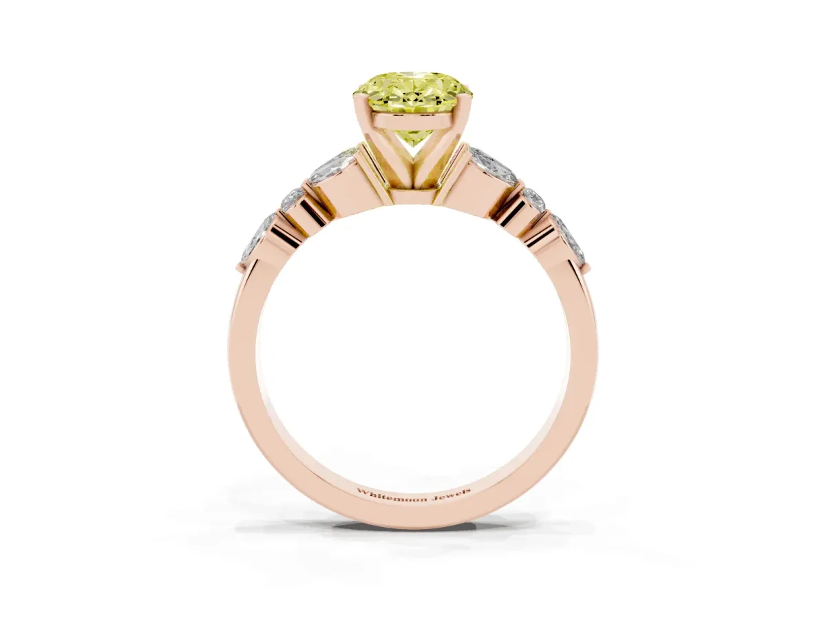 Fancy Yellow Oval Cut Diamond Solitaire Ring with Side Stones and Four-Prong Setting Rose gold