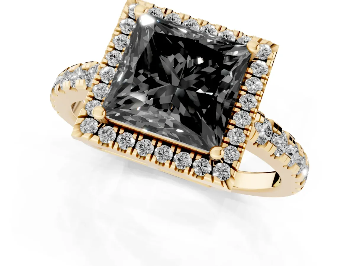 Fancy Black Princess Cut Diamond Halo Ring with Pavé Band and Four-Prong Setting Yellow gold