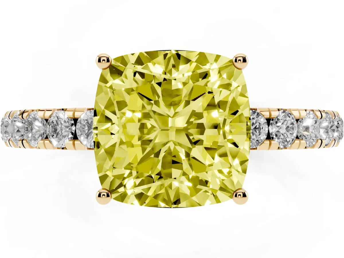 Fancy Yellow Cushion Cut Diamond Pavé Solitaire Engagement Ring with Four-Prong Setting Yellow gold