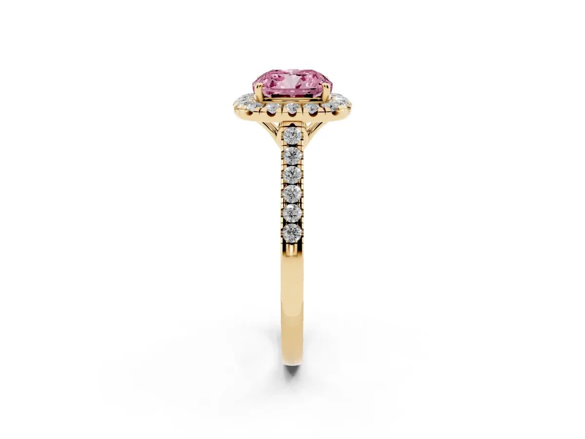 Fancy Pink Cushion Cut Halo Pavé Diamond Engagement Ring with Four-Prong Setting Yellow gold
