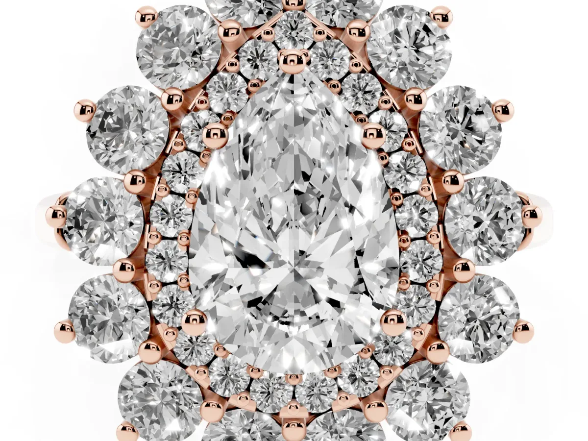Pear Cut Diamond Floral Double Halo Engagement Ring with Prong Setting Rose gold