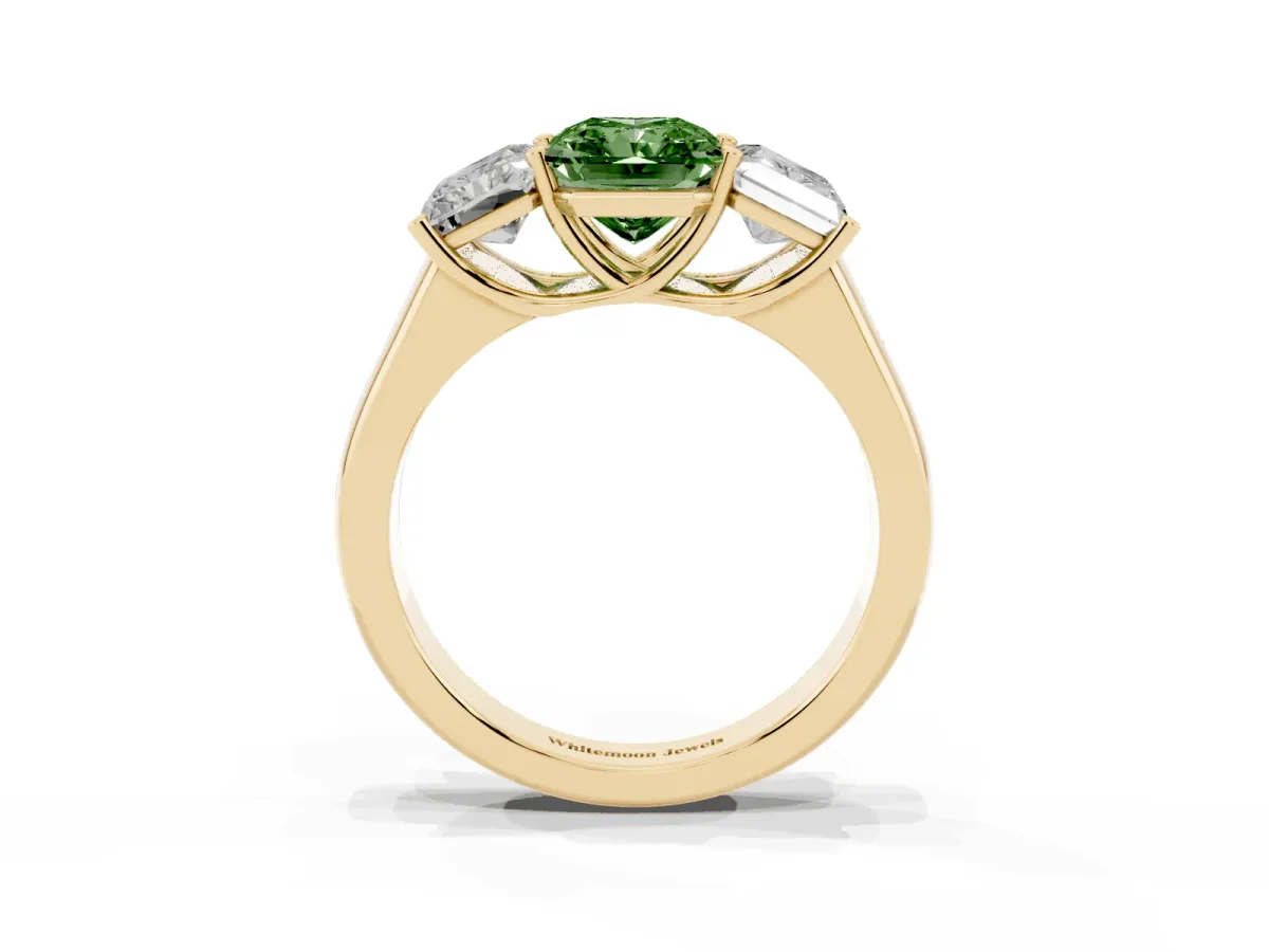 Fancy Green Radiant Cut Three-Stone Diamond Ring with Prong Setting on a Classic Band Yellow gold