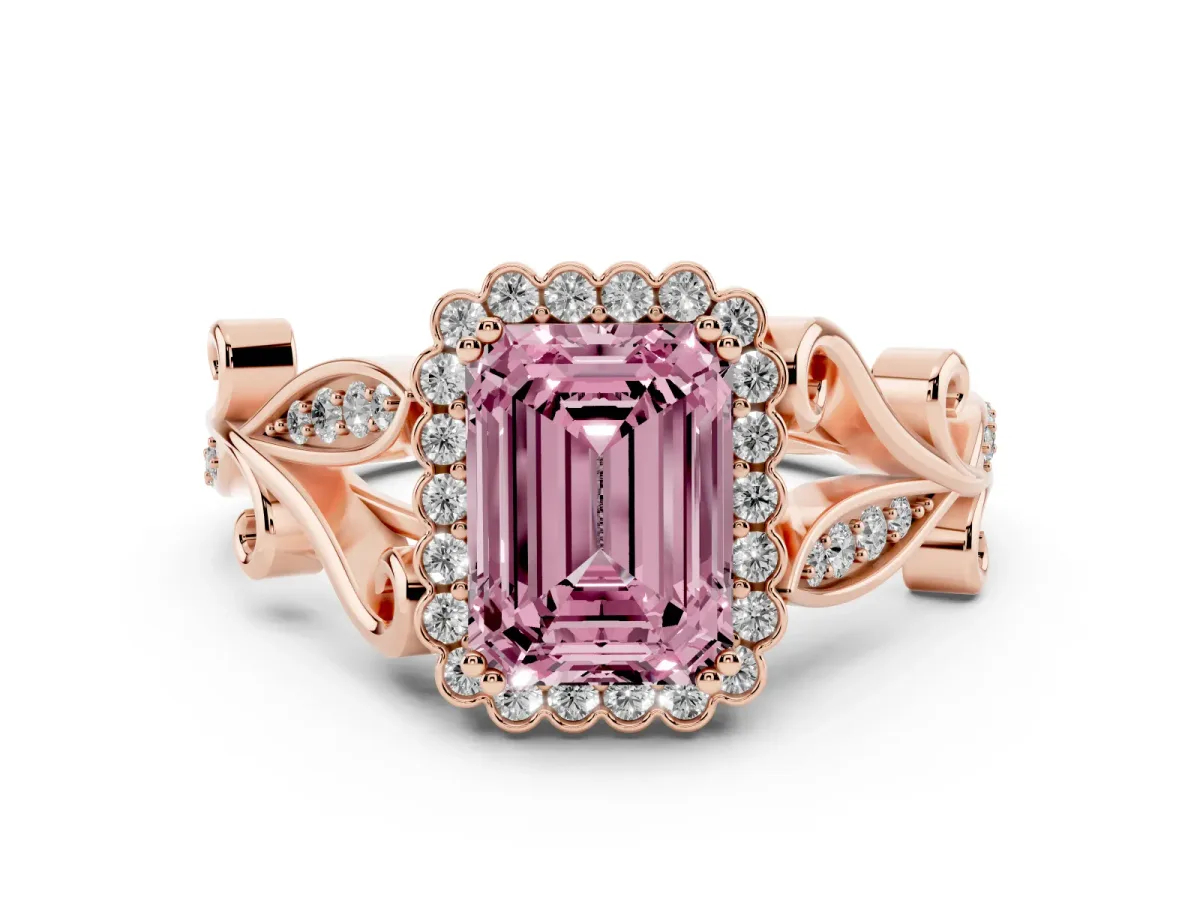 Fancy Pink Emerald Cut Diamond Halo Ring with Vintage Split Shank and Four-Prong Setting Rose gold