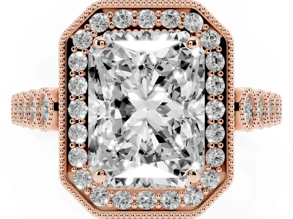 Radiant Cut Halo Milgrain Solitaire with Bezel Set Side Stones and Pave Band Rose gold