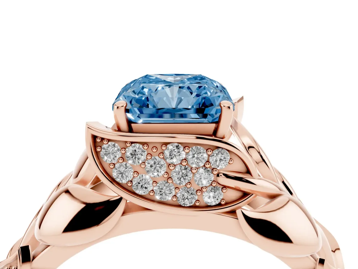 Fancy Blue Radiant Cut Diamond Leaf-Inspired Engagement Ring with Round Accents and Prong Setting Rose gold