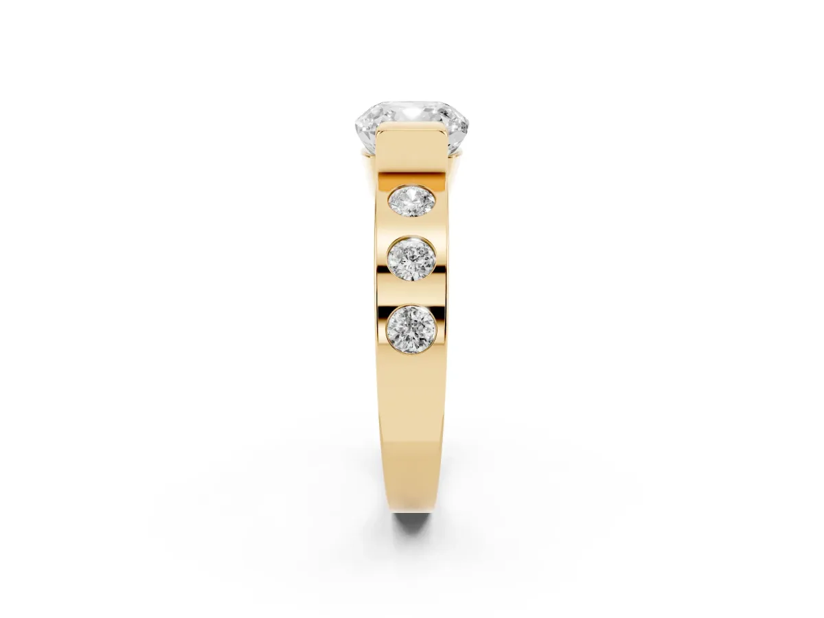 Cushion Cut Brilliant Channel-Set Diamond Ring with Bezel Prong Setting Yellow gold
